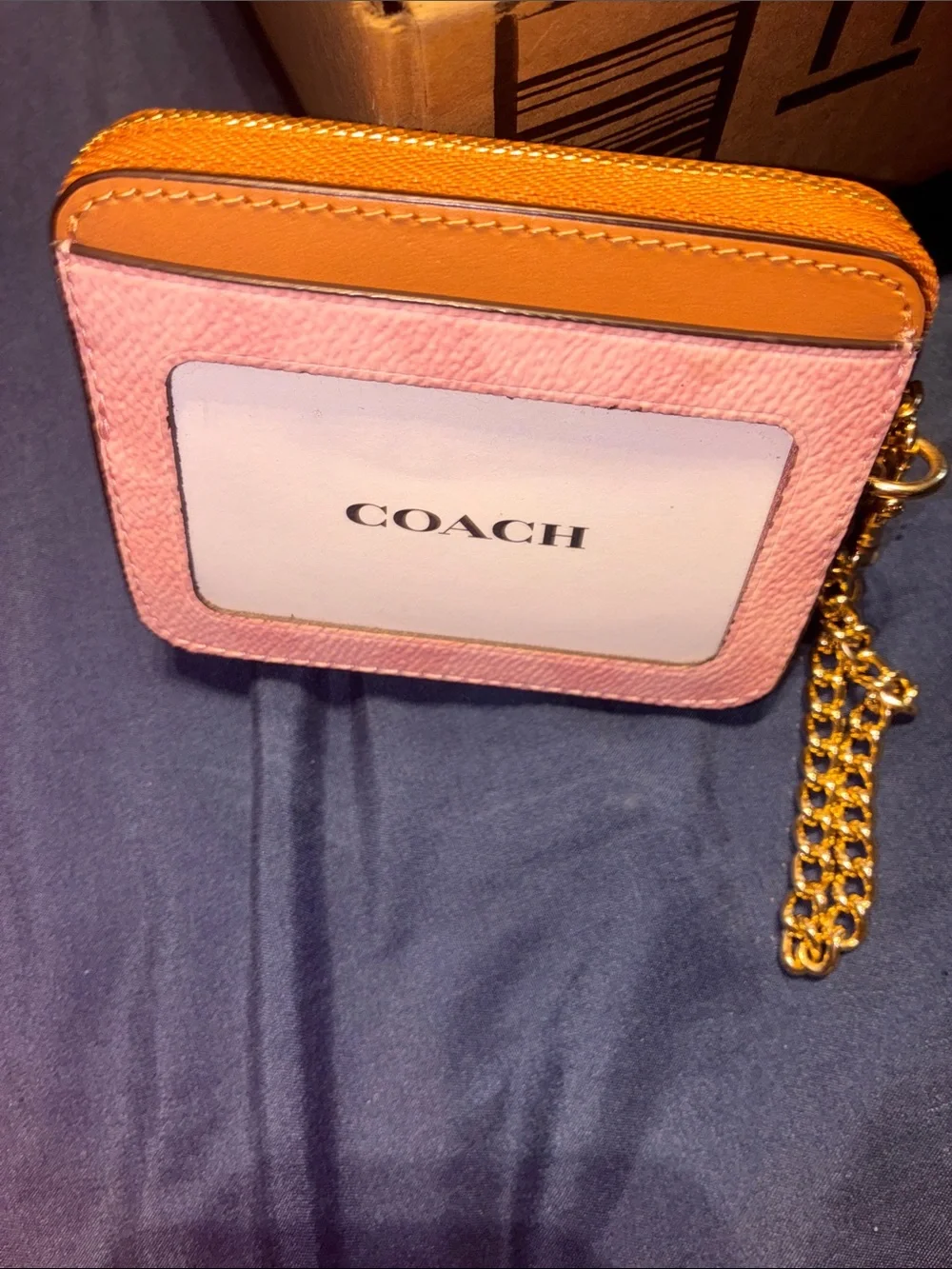 Coach Pink and Orange Leather Card Holder with Gold Chain